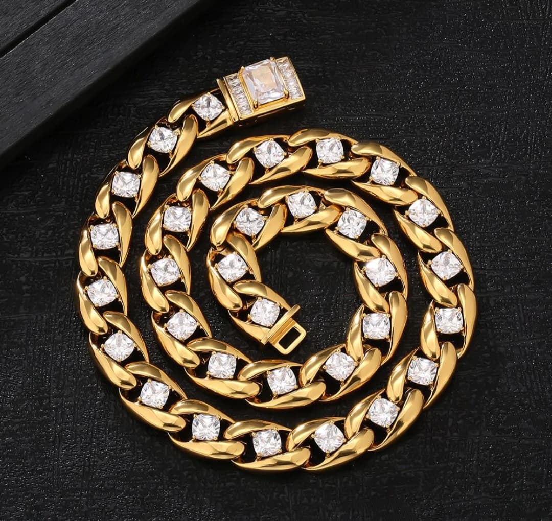 12MM Gemstone Cuban Necklace- Gold