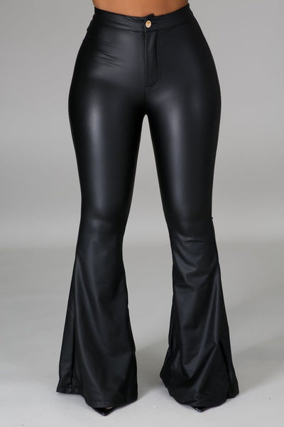 JANICE FAUX LEATHER BELL BOTTOM PANTS-BLACK