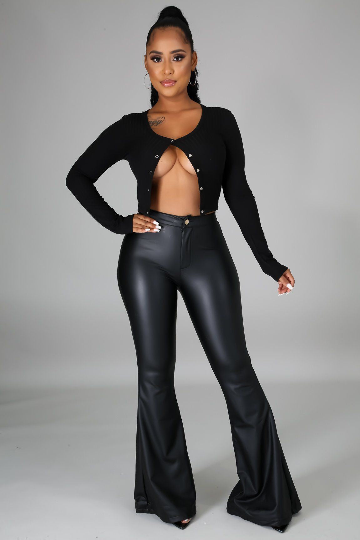JANICE FAUX LEATHER BELL BOTTOM PANTS-BLACK