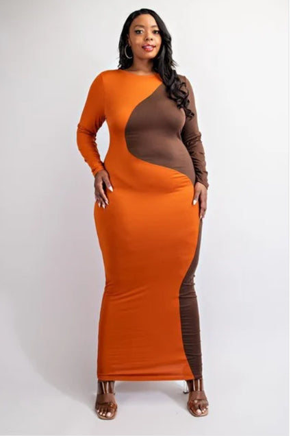 MELODY PLUS SIZE LONG SLEEVE DUO COLORED BODYCON DRESS