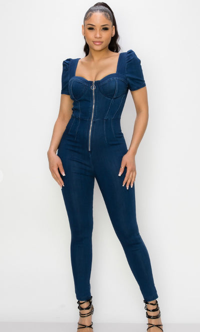 MONICA SOLID DEMIN JUMPSUIT W/ PUFF SLEEVES