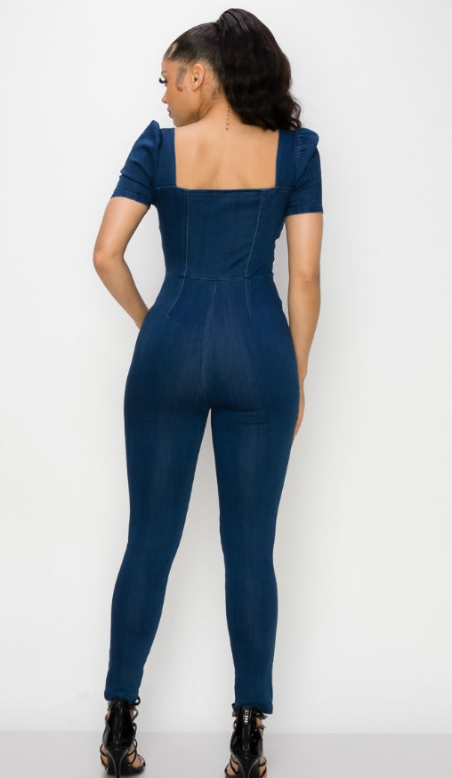 MONICA SOLID DEMIN JUMPSUIT W/ PUFF SLEEVES